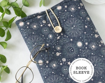 Celestial Padded Book Sleeve made from cotton, fabric book bag, Bookish Gifts, book lover, book accessories, sun and moon book cover