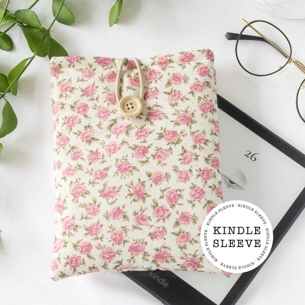 Rose Padded fabric Kindle Sleeve made from cotton, fabric e-reader bag, Bookish Gifts, book lover, book accessories, rose Kindle cover