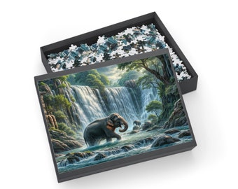 Wasserfall-Elefant-Puzzle: Tauchen Sie ein in natürliche Schönheit mit einem psychedelischen Touch in diesem maßgeschneiderten Puzzle (500, 1000 Teile)