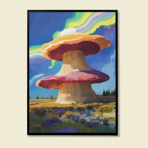 Mushroom 1 - Arte retro de Alicia en el país de las maravillas, cartel psicodélico de los años 70, arte pastel surrealista, descarga digital de pintura al óleo