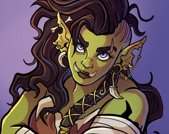 May include: A digital illustration of a green-skinned character with dark, wavy hair, pointed ears, and prominent lower tusks. The character features detailed ear piercings, a bone accessory in the hair, and wears white bandages on the arms.