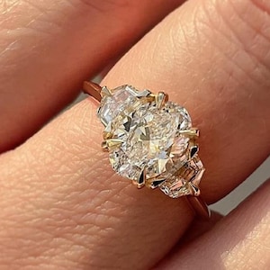 Art Deco 2.95 TC Elongated Oval Cut Moissanite Trilogy,Cadillac Cut Side Stones,14k Solid Yellow Gold,Slender Knife Edge Band,Gift For Bride