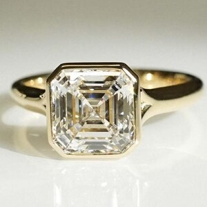 14k Solid Yellow Gold Asscher Cut Solitaire,8.0 MM Asscher Cut Moissanite,Signature Bezel Set,2.0 Split Cathedral Shank,Engagement Ring/Gift