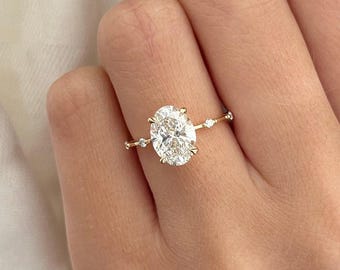 2 Carat Oval Lab Grown Diamond Engagement Ring: 14k Gold Dainty Band