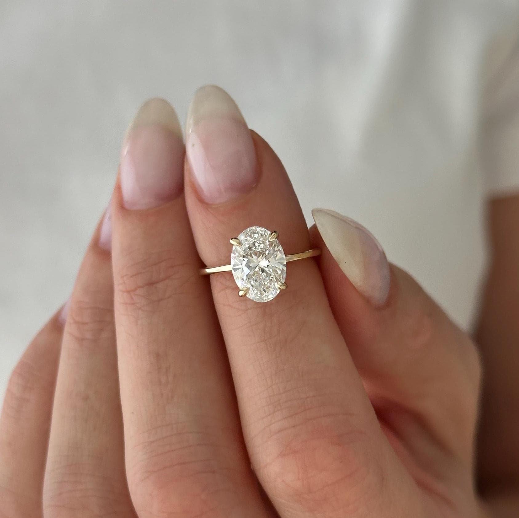 2 Carat Oval Lab Grown Diamond Engagement Ring: 14k Yellow Gold, Minimalist Dainty Band
