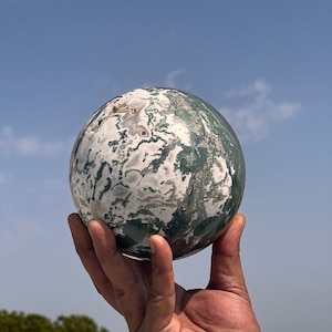 Esfera de ágata musgosa de 5 pulgadas: Bola de cristal paisajística, piedra curativa