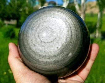 High Rare Silver Sheen Obsidian Sphere: Polished Crystal Ball(92MM)