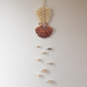 Peut inclure: Une suspension murale en macramé avec une grande coquille et des coquillages plus petits qui pendent. Le macramé est fait de fibres naturelles et les coquillages sont de différentes couleurs et formes.