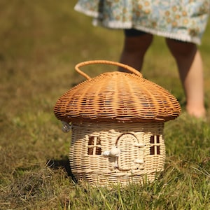 Rattan Woven Mushroom Basket, Nursery Decor, Children&#39;s rattan basket, rattan toadstool, rattan dolls house, rattan basket mushroom