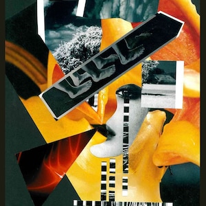 Könnte beinhalten: Abstrakte Collage mit einer gelben und orangen Blume, auf der ein Schwarzweißbild von Füßen zu sehen ist, die auf einem Weg gehen. Der Hintergrund ist schwarz mit einer roten und orangen Dreiecksform.