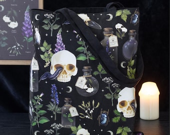 Venom Vines. skulls, snakes, poison bottles, strong Gothic poly cotton tote bag black, dark romance bookish