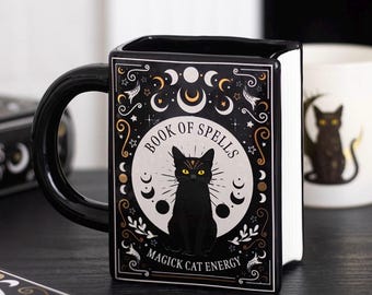 Black cat magick book of spells mug