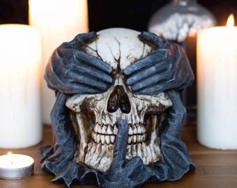 Hear no evil  Speak no evil See no evil skull  ornament by spiral direct skull with Gloved hands resin 13x15x19cm gift gothic punk RRP 48.00