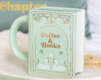Coffee and books Green book shaped mug reader bookworm book lovers gift book club