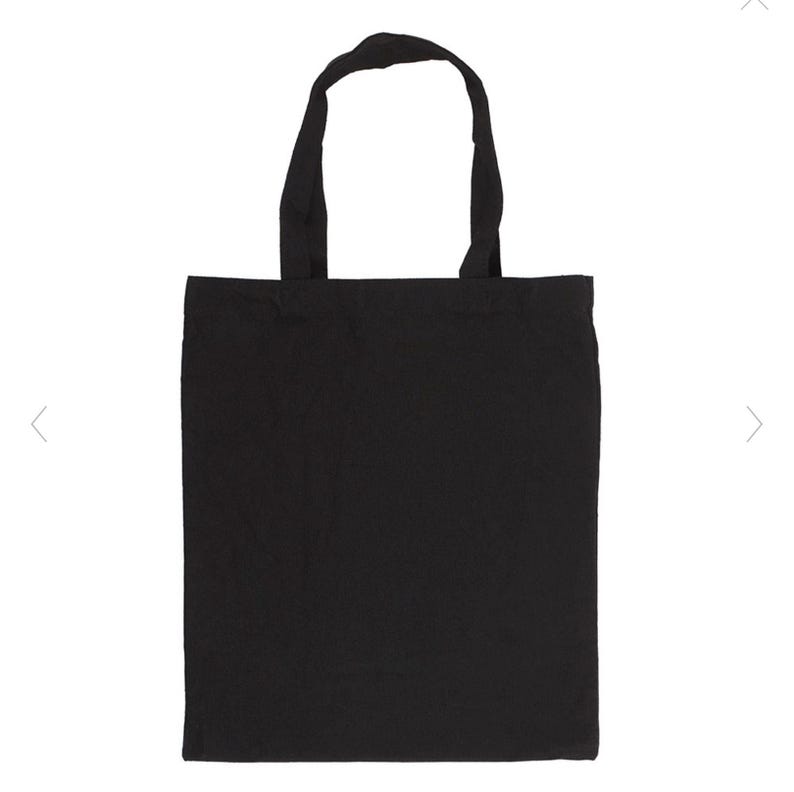 May include: A solid black tote bag with two matching handles. The bag is made of a plain, matte material and is designed for carrying items. The handles are attached at the top of the bag, allowing it to be carried by hand or over the shoulder.