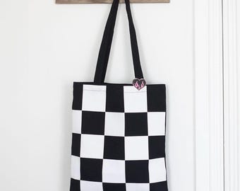Checker board Print black and white  strong Gothic punk  poly cotton tote bag black, dark romance bookish with flaming heart enamel pin