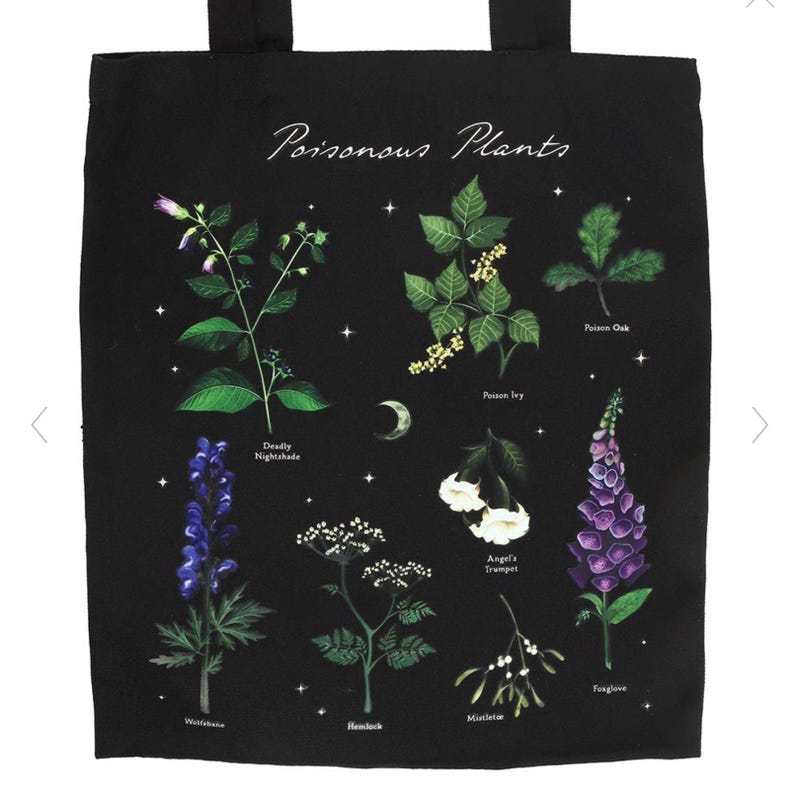 May include: Black tote bag featuring botanical illustrations of poisonous plants, including Deadly Nightshade, Poison Ivy, and Foxglove. The words "Poisonous Plants" are written in elegant script above the illustrations. The design includes a crescent moon and stars.