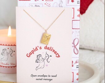 Cupids Delivery greeting Card and Envelope locket Necklace Perfect Gift For lover’s Valentine’s Day Galentines with Card keepsake