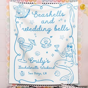 Custom Coastal Bachelorette Party Decor, Seashells and Wedding Bells Beach Bachelorette Tapestry, Bridal Shower Banner, Bride Backdrop