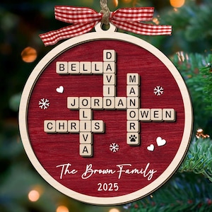 Personalized Family Crossword Puzzle Art Ornament, Custom Christmas Ornaments 2025, Family Wooden Ornament, Family Keepsake Christmas Gifts