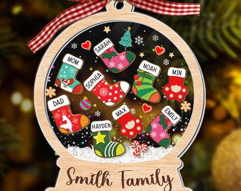 Custom Stocking Family Shaker Ornament, Personalized Family Christmas Ornament 2024, 4D Shaker Ornament, Family and Pet Ornament Keepsake