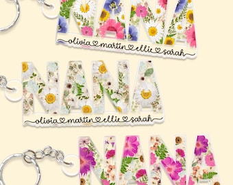 Custom Mothers Day Gift for Grandma, Custom Nana Floral Keychain with Grandkids Name, Nana Gift, Gift for Mom, Custom Grandma Keychain Gift