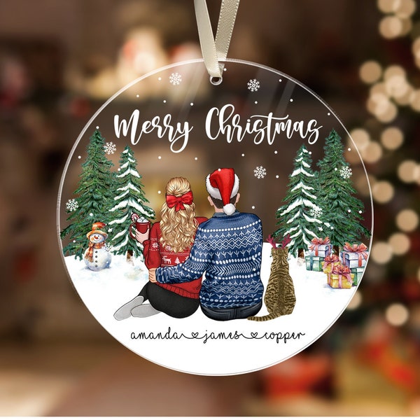 Personalized Couple and Cat Ornaments, Christmas Couple Ornament, Cat Christmas Ornament, Family and Pets Keepsake Ornament Christmas Gifts