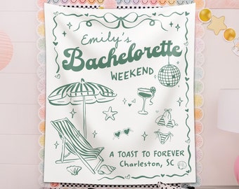 Personalized Bachelorette Beach Party Banner, Custom Location Bachelorette Tapestry, Bachelorette Party Decor, Beach Bachelorette Backdrop