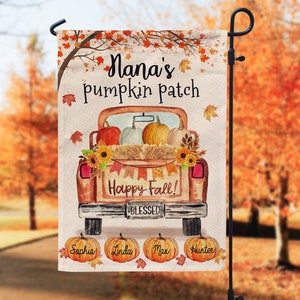 Personalized Fall Truck Flag, Custom Nana's Pumpkin Patch Garden Flag, Fall Gifts for Grandma with Kid Name, Thanksgiving Flag, Pumpkin Flag