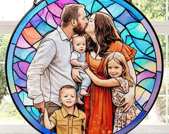 Personalized Family Portrait Stained Glass, Custom Family Portrait Suncatcher, Christmas Gift, Gift for Mom Grandma, Family Keepsake Gift