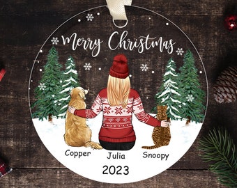 Personalized Owner and Pet Ornament, Dog Cat Ornament, Christmas Gifts for Pet Owner, Dog Mom Gift, Cat Mom Gifts, Christmas 2023 Ornament