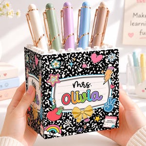 Back To School Teacher Gift, Personalized Teacher Name Pencil Holder, Composition Notebook Style Teacher Desk Decor, Teacher Desk Decor Gift