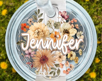 Personalized Tumbler Name Tag, Flowers Custom Stanley Name Plate, 30oz 40oz Quencher Name Plate, Stanley Plate Topper, Tumbler Lid Tag