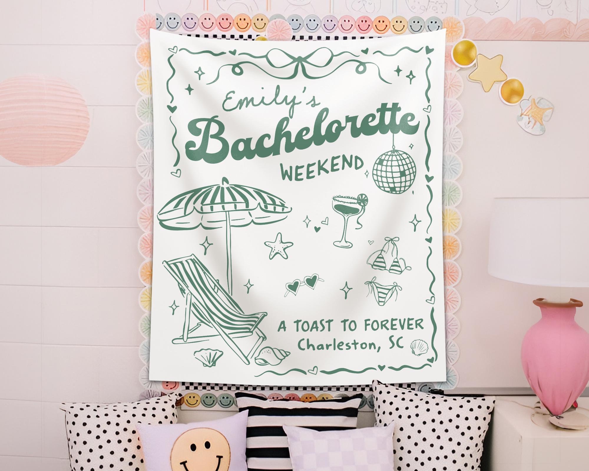 Personalized Bachelorette Beach Party Banner, Custom Location Bachelorette Tapestry, Bachelorette Party Decor, Beach Bachelorette Backdrop