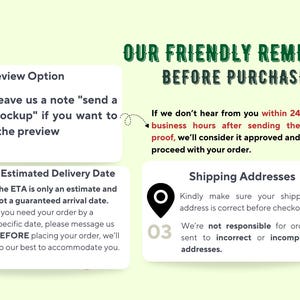 May include: A graphic with text: "OUR FRIENDLY REMINDER BEFORE PURCHASING." Includes reminders about preview options, estimated delivery dates, and shipping addresses. The background is light green.