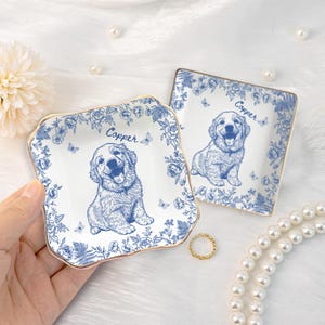 Custom Dog Jewelry Dish, Pet Memorial Jewelry Dish, Cat Dog Memorial Portrait Ring Dish, Toile De Jouy Pet Ring Dish, Gift For Pet Owner image 3