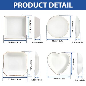 Może przedstawiać: Białe ceramiczne talerze ze złotym obramowaniem w kształcie kwadratu, okrągłym i serca. Kwadratowe talerze mają 10,4 cm szerokości, okrągłe 10 cm, a talerz w kształcie serca 10 cm. U g&oacute;ry znajduje się napis "PRODUCT DETAIL".