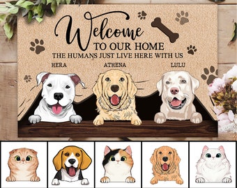 Paillasson personnalisé pour chien, Tapis de bienvenue personnalisé pour chien, Tapis de bienvenue amusant à la maison, Tapis pour chien, Paillasson Bienvenue chez nous, Cadeau pour amoureux des chiens, Tapis amusant