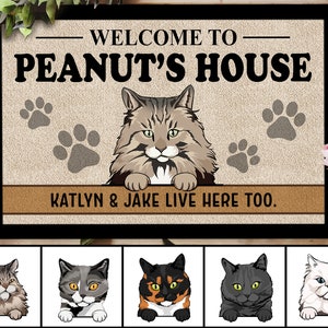 Personalized Cat Doormat with Owner&#39;s Names, Custom Cat Welcome Mat, Cat Mom Gift, Cat Dad Gift, Cat Lover Gift, Housewarming Gifts, Cat Rug