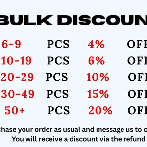 May include: Image displays a bulk discount offer. Text reads "BULK DISCOUNT" in bold black font. Discounts range from 4% to 20% off, depending on the quantity purchased, from 6 to 50+ pieces. Additional text provides instructions.