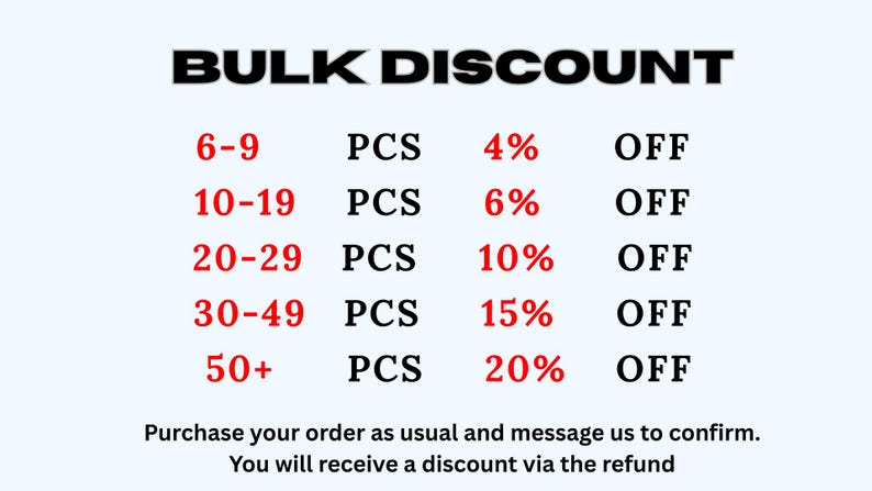 May include: Image displays a bulk discount offer. Text reads "BULK DISCOUNT" in bold black font. Discounts range from 4% to 20% off, depending on the quantity purchased, from 6 to 50+ pieces. Additional text provides instructions.