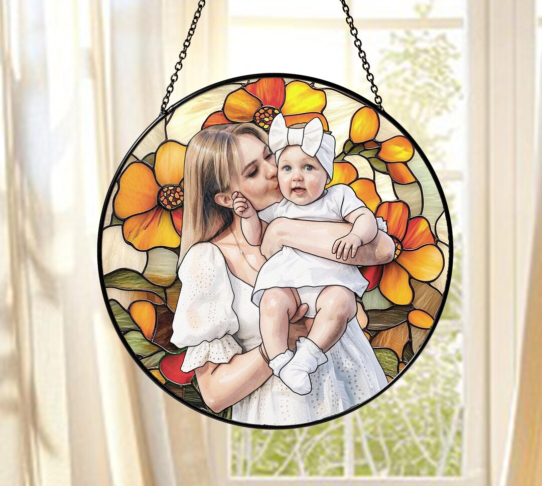 Custom Photo Stained Glass Suncatcher Gift for Mom, Mum Gift From Kids ...