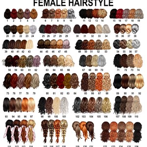 May include: A chart of 126 different female hairstyle illustrations. The hairstyles are numbered 1 through 126.