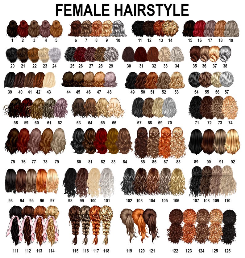 May include: A chart of 126 different female hairstyle illustrations. The hairstyles are numbered 1 through 126.