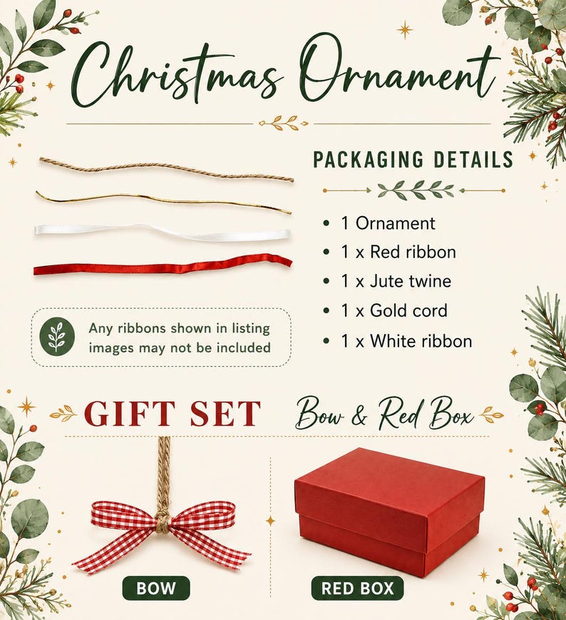 May include: A Christmas ornament packaging details graphic featuring a red ribbon, jute twine, gold cord, and white ribbon. Includes a gift set section with a red and white gingham bow and a solid red rectangular gift box on a cream background.