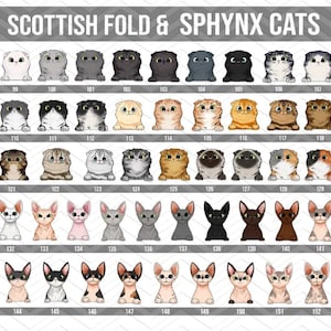 May include: A chart of 153 different Scottish Fold and Sphynx cat illustrations. The cats are arranged in rows of 19, with each cat numbered from 98 to 153.