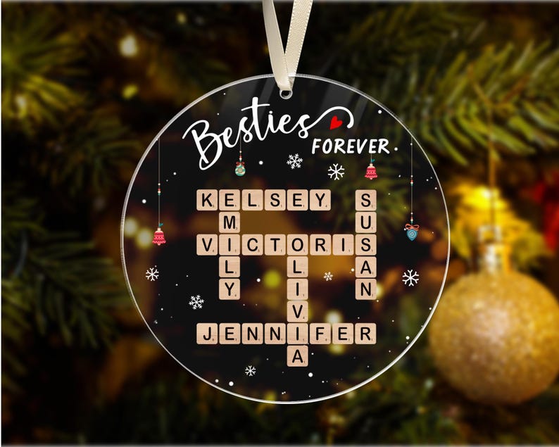 Personalized Bestie Crossword Puzzle Art Ornament, Custom Christmas