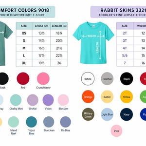 Pode incluir: Imagem com duas camisetas com tabelas de tamanhos e amostras de cores. Uma &eacute; uma camiseta de peso pesado para jovens Comfort Colors, a outra uma camiseta de malha fina para crian&ccedil;as pequenas Rabbit Skins. As cores incluem preto, vermelho e azul.