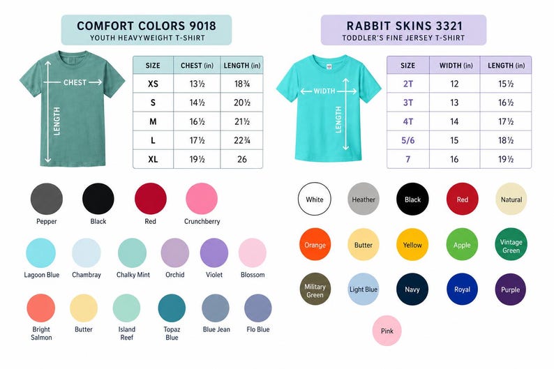 Pode incluir: Imagem com duas camisetas com tabelas de tamanhos e amostras de cores. Uma &eacute; uma camiseta de peso pesado para jovens Comfort Colors, a outra uma camiseta de malha fina para crian&ccedil;as pequenas Rabbit Skins. As cores incluem preto, vermelho e azul.
