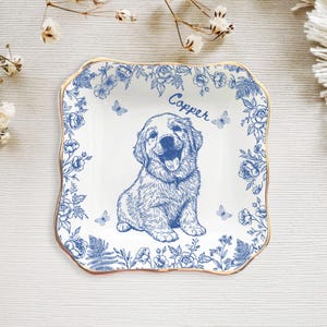 Custom Dog Jewelry Dish, Pet Memorial Jewelry Dish, Cat Dog Memorial Portrait Ring Dish, Toile De Jouy Pet Ring Dish, Gift For Pet Owner image 4